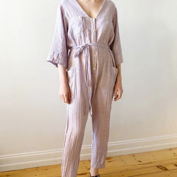 Raquel Allegra Lavender Metallic Gold Linen Abalone Button-Up Jumpsuit size 1 S - Picture 7 of 7